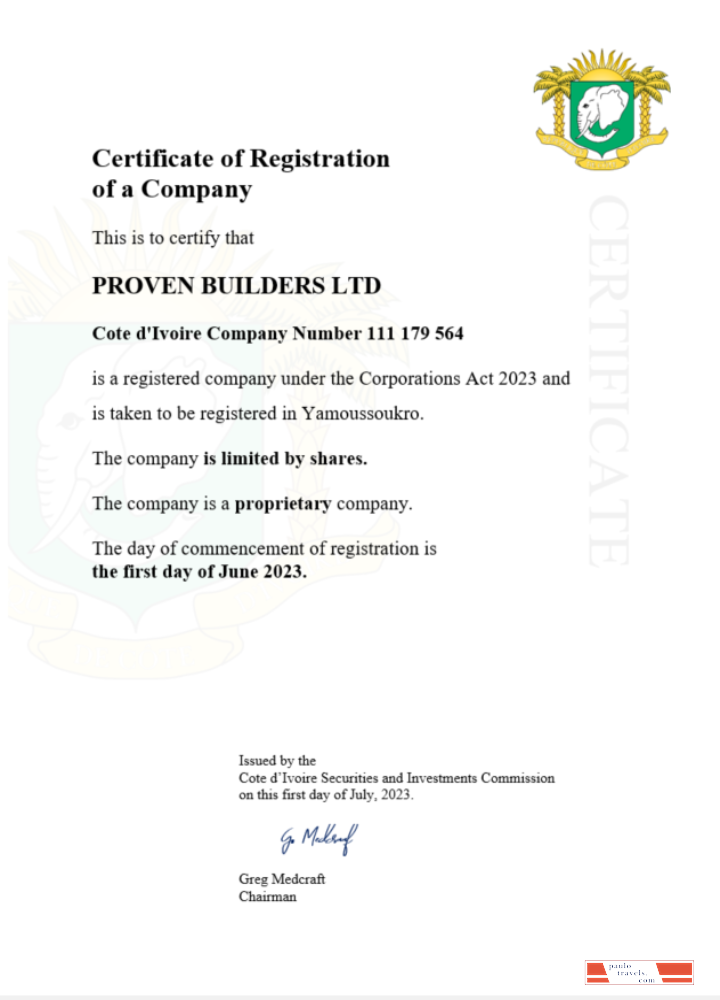 Cote d'Ivoire certificate of registration Word and PDF template